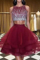 Burgundy Round Neck 2 Pieces Sequins Tulle Short Evening Prom Dresses, 2 Pieces Burgundy Homecoming Dresses, Graudation Dresses
