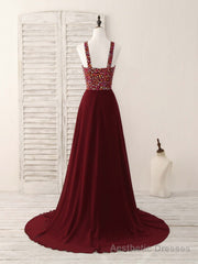 Burgundy Round Neck Chiffon Beads Long Prom Dress