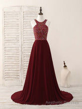 Burgundy Round Neck Chiffon Beads Long Prom Dress
