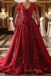 Burgundy round neck lace long Evening Prom Dresses burgundy evening Dresses