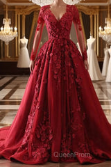 Burgundy round neck lace long Evening Prom Dresses burgundy evening Dresses