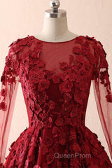 Burgundy round neck lace long Evening Prom Dresses burgundy evening Dresses