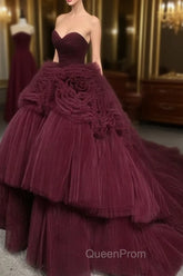Burgundy Round Neck Tulle Burgundy Long Evening Prom Gown, Burgundy Long Evening Dresses