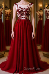 Burgundy round neck tulle lace long Evening Prom Dresses, bridesmaid Dresses