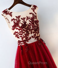 Burgundy round neck tulle lace long Evening Prom Dresses, bridesmaid Dresses