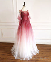 Burgundy Round Neck Tulle Long Prom Dress Burgundy Evening Dress