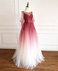 Burgundy Round Neck Tulle Long Prom Dress Burgundy Evening Dress