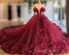 Burgundy Ruffles Wedding Dresses Tulle Skirt Ball Gown Sexy Plunge V-Neck Bridal Wedding Evening Prom Gowns
