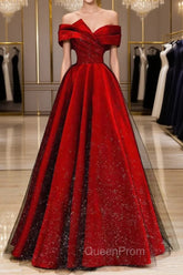 Burgundy Satin And Black Tulle Long Evening Prom Dresses, Beautiful A-Line Party Dresses