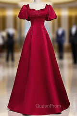 Burgundy Satin Backless Puff Sleeve Beading Evening Prom Dresses