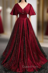 Burgundy Satin Black Tulle V-neck Evening Prom Dresses