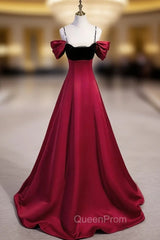 Burgundy Satin Black Velvet Spaghetti Straps Beading Evening Prom Dresses