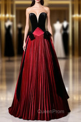 Burgundy Satin Black Velvet Strapless Evening Prom Dresses