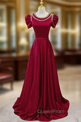 Burgundy Satin Cap Sleeve Beading Pearls Evening Prom Dresses