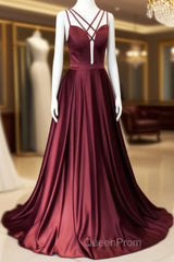 Burgundy Satin Cross Straps Long A Line Evening Prom Dresses