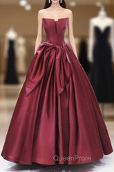 Burgundy Satin Floor Length Evening Prom Dresses, Beautiful A-Line Evening Party Dresses