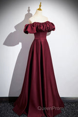 Burgundy Satin Floor Length Evening Prom Dresses, Simple A-Line Evening Party Dresses