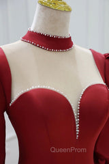 Burgundy Satin High Neck Long Evening Prom Dresses, Burgundy A-Line Evening Party Dresses