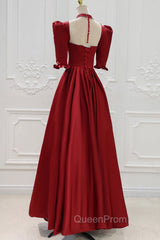 Burgundy Satin High Neck Long Evening Prom Dresses, Burgundy A-Line Evening Party Dresses
