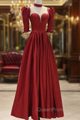 Burgundy Satin High Neck Long Evening Prom Dresses, Burgundy A-Line Evening Party Dresses
