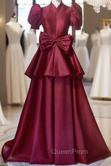 Burgundy Satin High Neck Puff Sleeve Bow Evening Prom Dresses