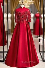 Burgundy Satin High Neck Short Sleeve Appliques Evening Prom Dresses