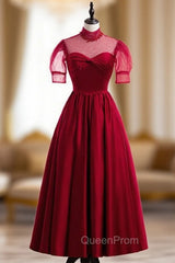 Burgundy Satin High Neck Short Sleeve Pleats Pearls Evening Prom Dresses