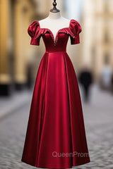 Burgundy Satin Illusion Neck Short Sleeve Evening Prom Dresses