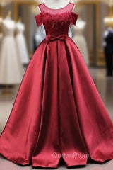 Burgundy Satin Lace Bow Evening Prom Dresses