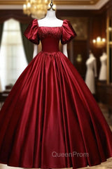 Burgundy Satin Long A-Line Evening Prom Dresses, Burgundy Evening Dresses