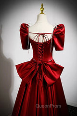 Burgundy Satin Long Evening Prom Dresses, A-Line Evening Dresses with Bow