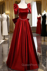 Burgundy Satin Long Evening Prom Dresses, A-Line Evening Dresses with Bow