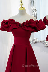 Burgundy Satin Long Evening Prom Dresses, A-Line Off Shoulder Evening Party Dresses