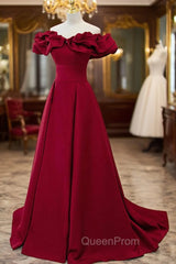 Burgundy Satin Long Evening Prom Dresses, A-Line Off Shoulder Evening Party Dresses