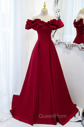 Burgundy Satin Long Evening Prom Dresses, A-Line Off Shoulder Evening Party Dresses