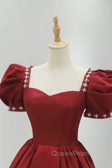 Burgundy Satin Long Evening Prom Dresses, A-Line Short Sleeve Evening Dresses