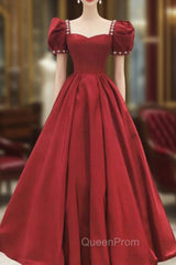 Burgundy Satin Long Evening Prom Dresses, A-Line Short Sleeve Evening Dresses