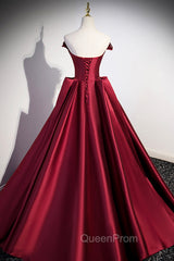 Burgundy Satin Long Evening Prom Dresses, Burgundy A-Line Evening Dresses
