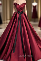 Burgundy Satin Long Evening Prom Dresses, Burgundy A-Line Evening Dresses