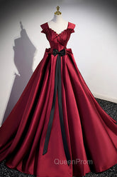 Burgundy Satin Long Evening Prom Dresses, Burgundy A-Line Evening Dresses