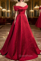 Burgundy Satin Long Evening Prom Dresses, Off Shoulder Evening Party Dresses