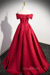 Burgundy Satin Long Evening Prom Dresses, Off Shoulder Evening Party Dresses