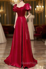 Burgundy Satin Long Evening Prom Dresses, Simple A-Line Evening Dresses