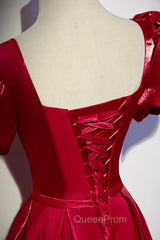 Burgundy Satin Long Evening Prom Dresses, Simple A-Line Evening Dresses