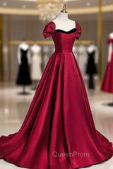 Burgundy Satin Long Evening Prom Dresses, Simple A-Line Evening Party Dresses