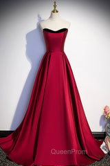Burgundy Satin Long Evening Prom Dresses, Simple A-Line Evening Party Dresses