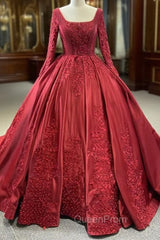 Burgundy Satin Long Sleeve Appliques Pearls Evening Prom Dresses