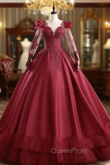 Burgundy Satin Long Sleeve Beading Quinceanera Dresses