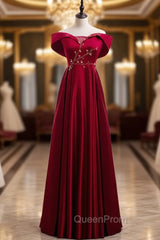 Burgundy Satin Off the Shoulder Appliques Beading Evening Prom Dresses