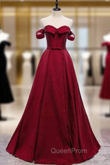 Burgundy Satin Off the Shoulder Beading Evening Prom Dresses